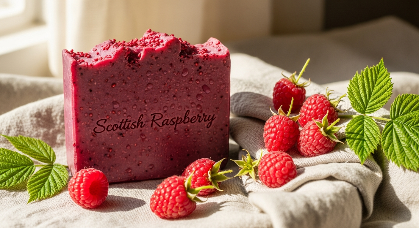 Wild Scottish Raspberry Organic Soap Bar displayed with fresh raspberries and botanical ingredients on rustic wooden surface