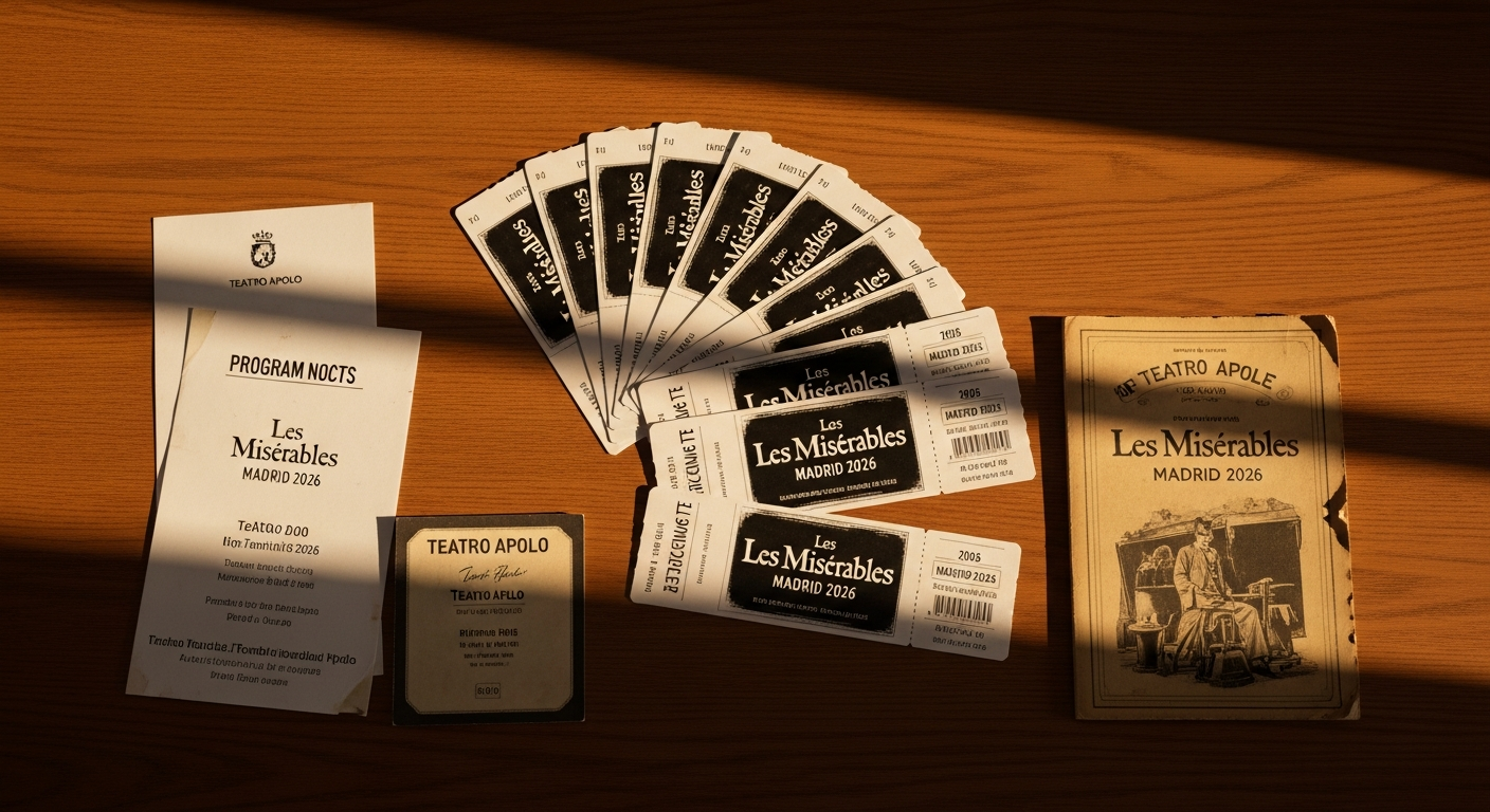 Los Miserables musical performance at Teatro Apolo Madrid with dramatic stage lighting