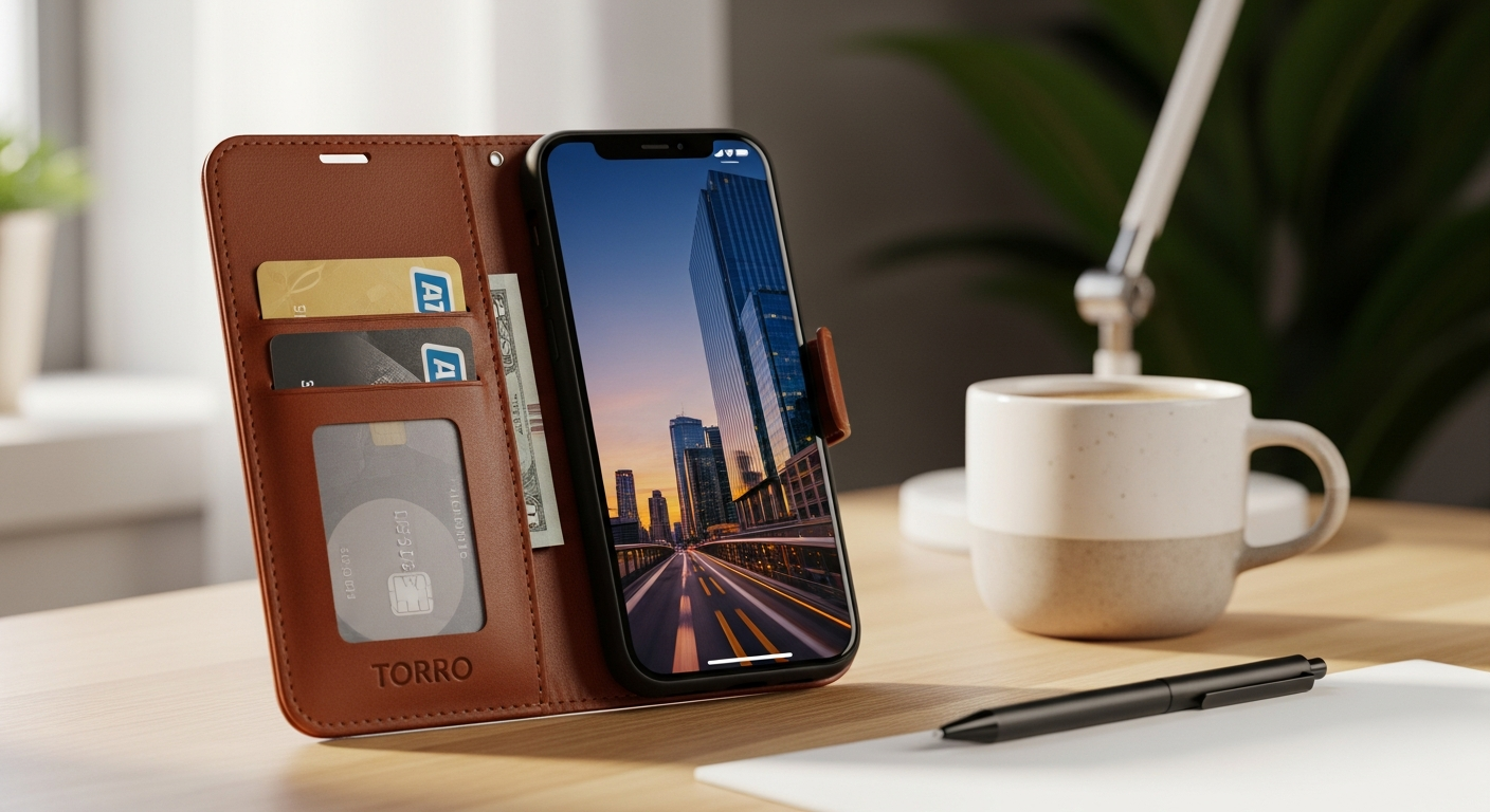 TORRO iPhone 16 Pro Max Leather Wallet Case in premium top-grain leather with integrated card slots and MagSafe compatibility