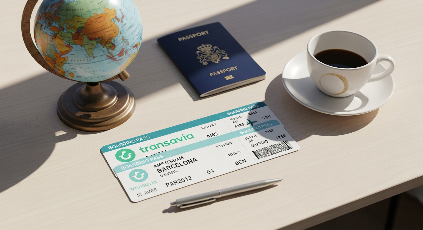 Transavia airplane flying over European landscape with budget pricing displayed on screen