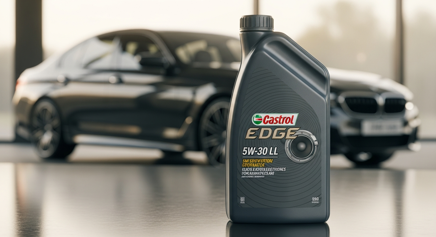 Castrol EDGE 5W-30 LL synthetic engine oil bottle displayed with European luxury car in background