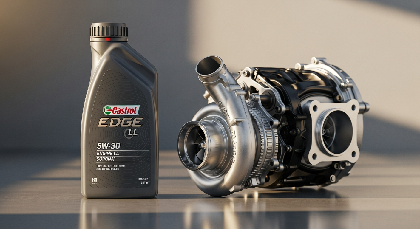 Castrol EDGE LL 5W-30 synthetic engine oil bottle displayed with European luxury car in background