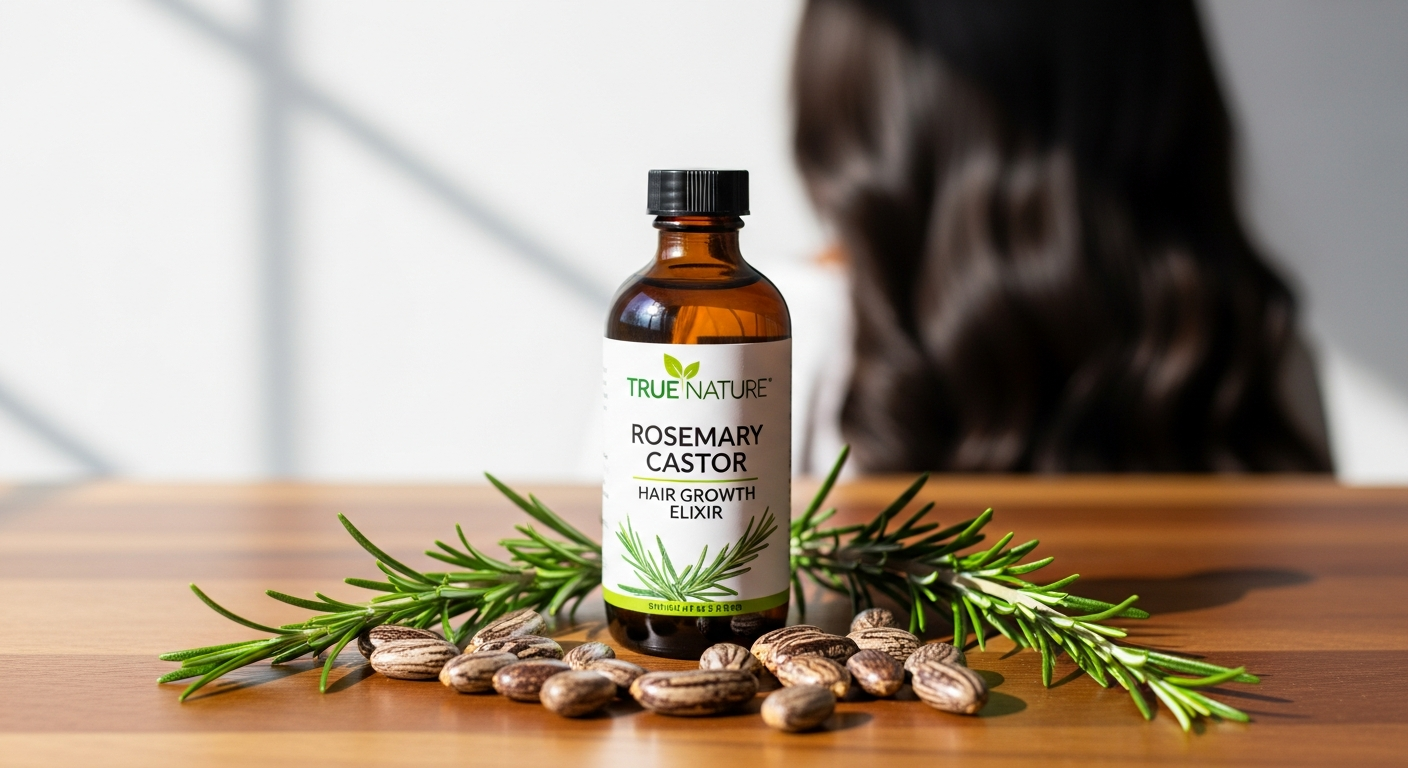True Nature Rosemary Castor Hair Growth Elixir bottle with fresh rosemary sprigs and castor beans on wooden surface