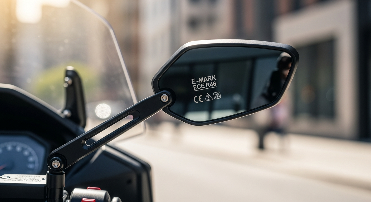 Universal homologated motorcycle rearview mirror mounted on handlebar showing wide-angle convex design