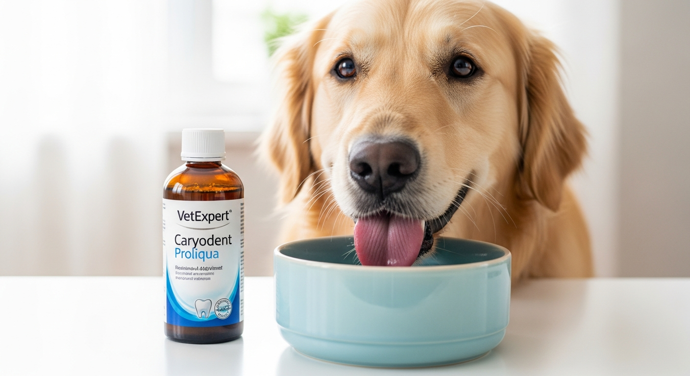 VetExpert Caryodent Proliqua dental water additive bottle with fresh water bowl for pet oral health care