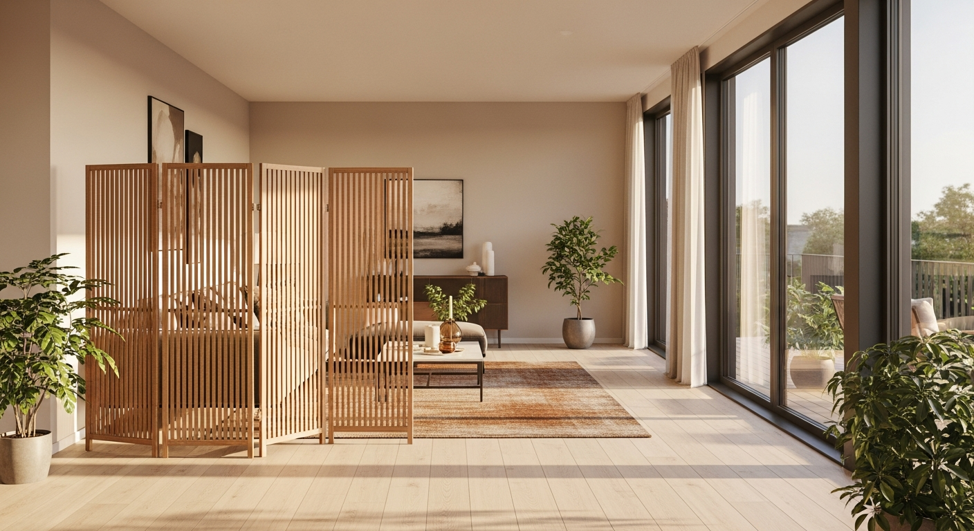 vidaXL Bamboo Room Divider Screen creating defined zones in modern open-plan living space