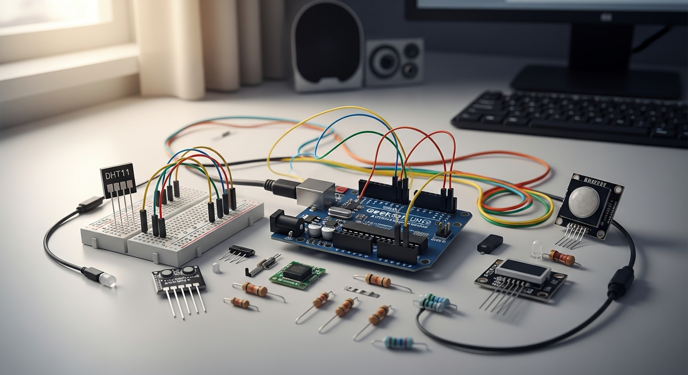 Geekcreit UNO R3 ATmega328P development board with USB cable and component pins visible