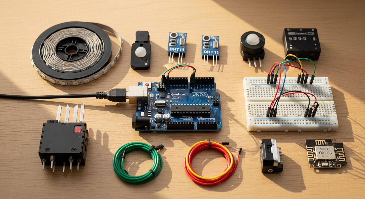 Geekcreit UNO R3 ATmega328P development board with relay modules and sensors for home automation projects