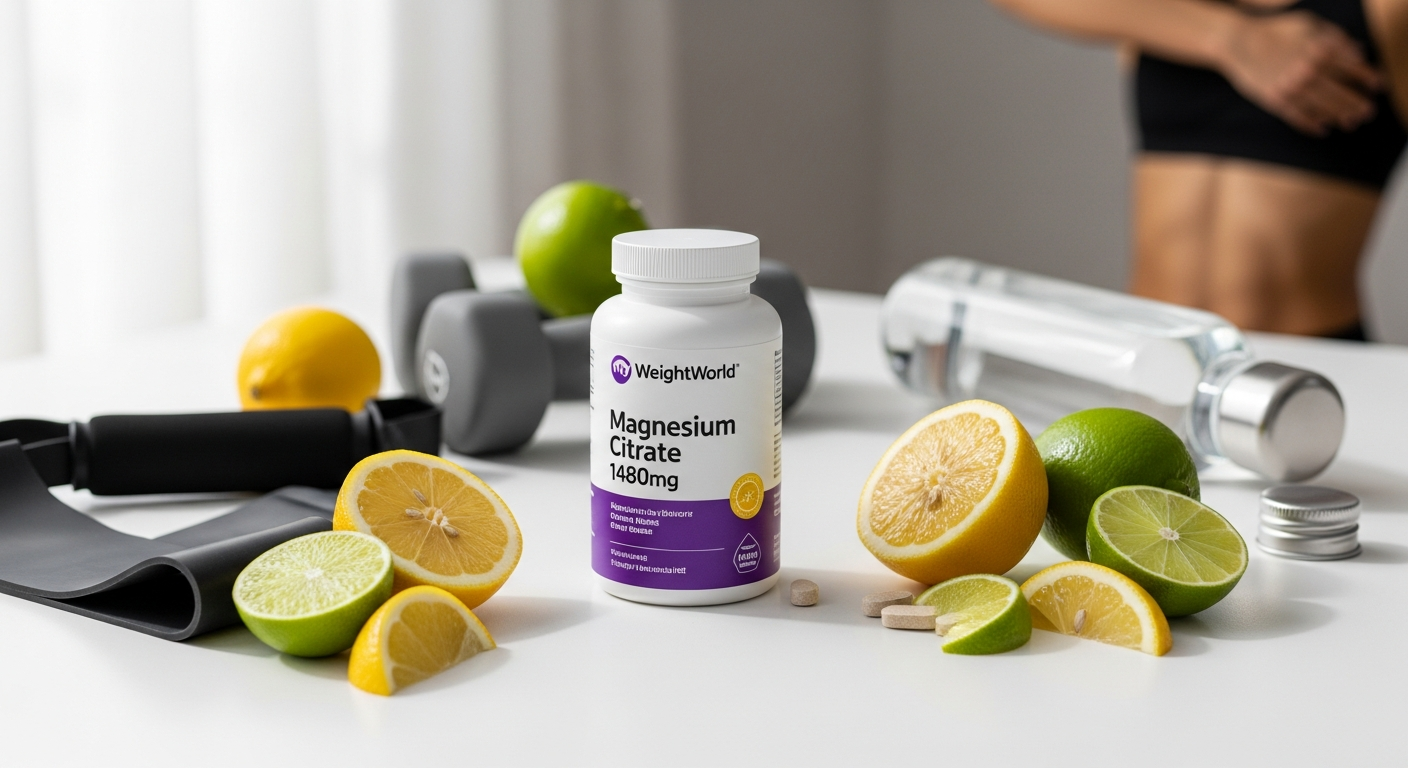 WeightWorld Magnesium Citrate 1480mg supplement bottle with capsules displayed for athletic performance and muscle recovery
