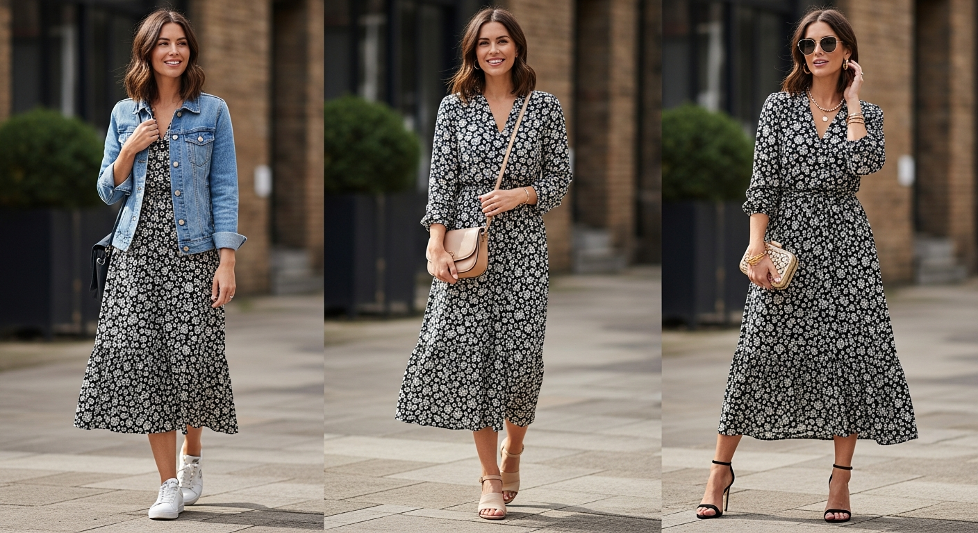 White Stuff Rua printed midi dress styled for professional and casual occasions