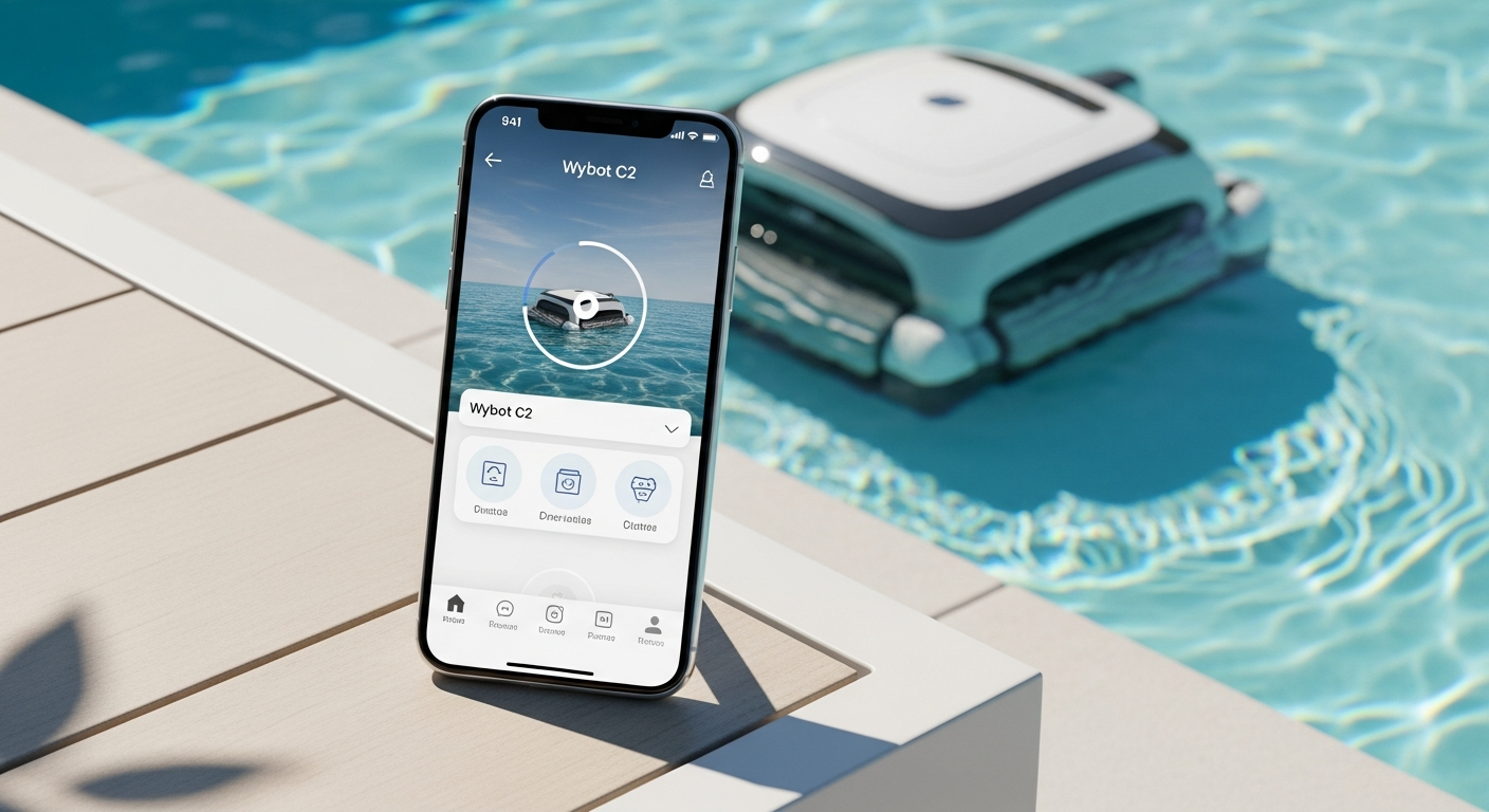 Wybot C2 cordless robotic pool cleaner with smartphone app control interface displayed on mobile device