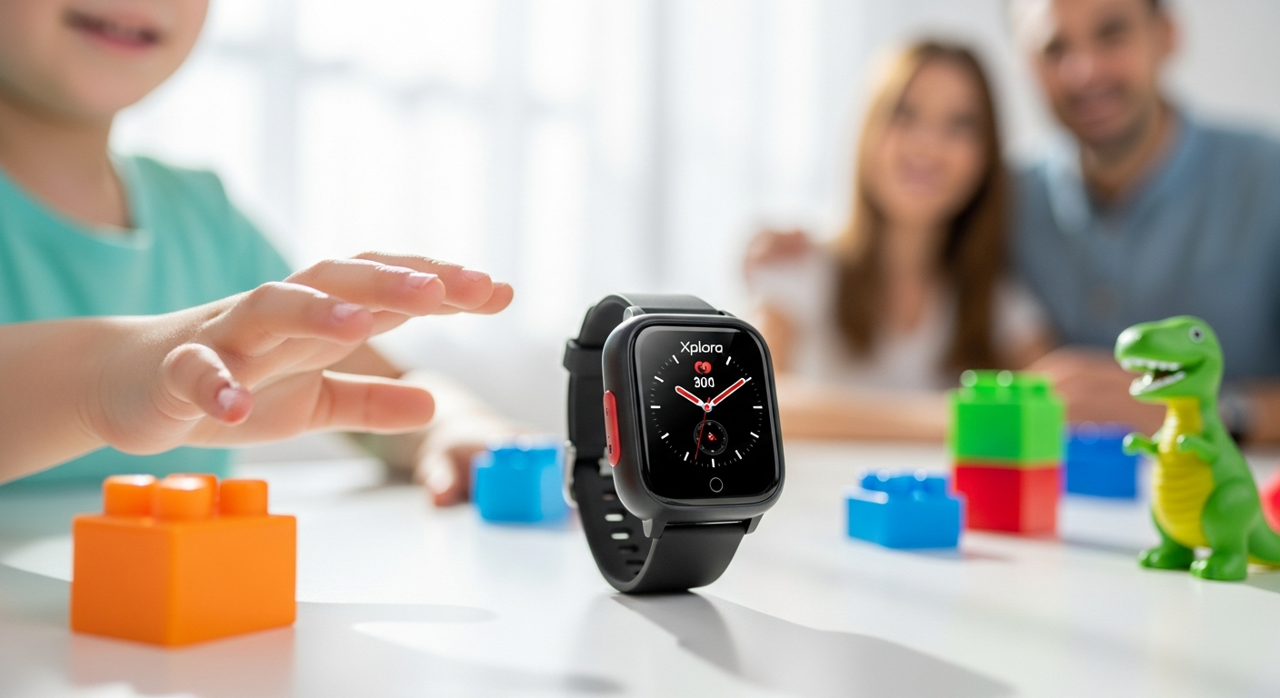Xplora X6Play kids smartwatch with interchangeable bands and GPS tracking displayed on colorful background