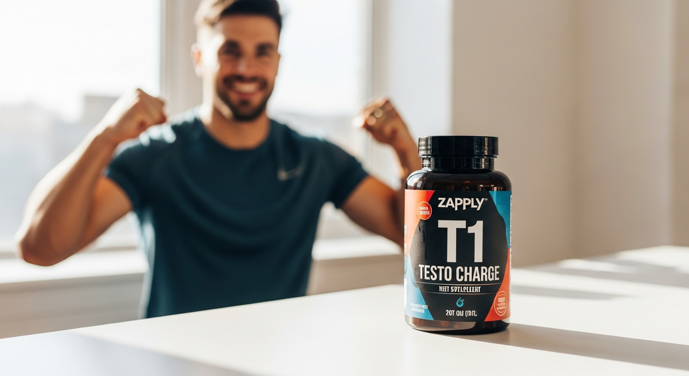 Zapply T1 Testo Charge supplement bottle with natural ingredients displayed on white background