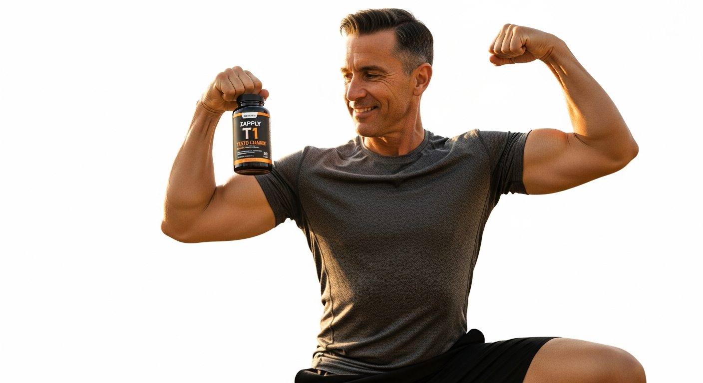 Zapply T1 Testo Charge supplement bottle with testosterone-boosting ingredients displayed