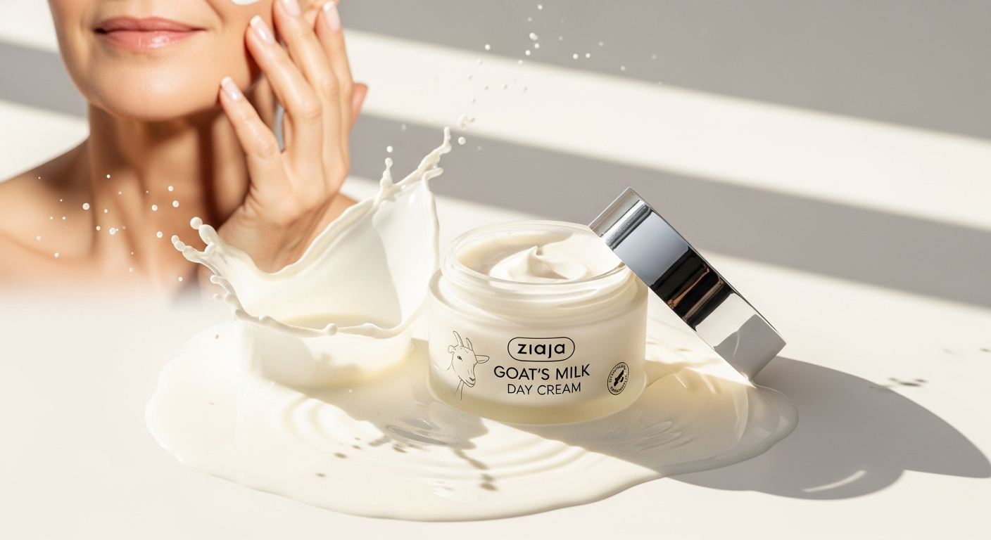 Ziaja Goat's Milk Moisturizing Day Cream jar displayed with fresh goat's milk and natural ingredients
