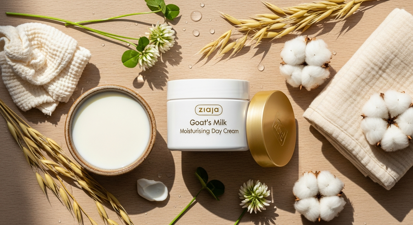 Ziaja Goat's Milk Moisturising Day Cream jar displayed with fresh goat's milk and natural ingredients