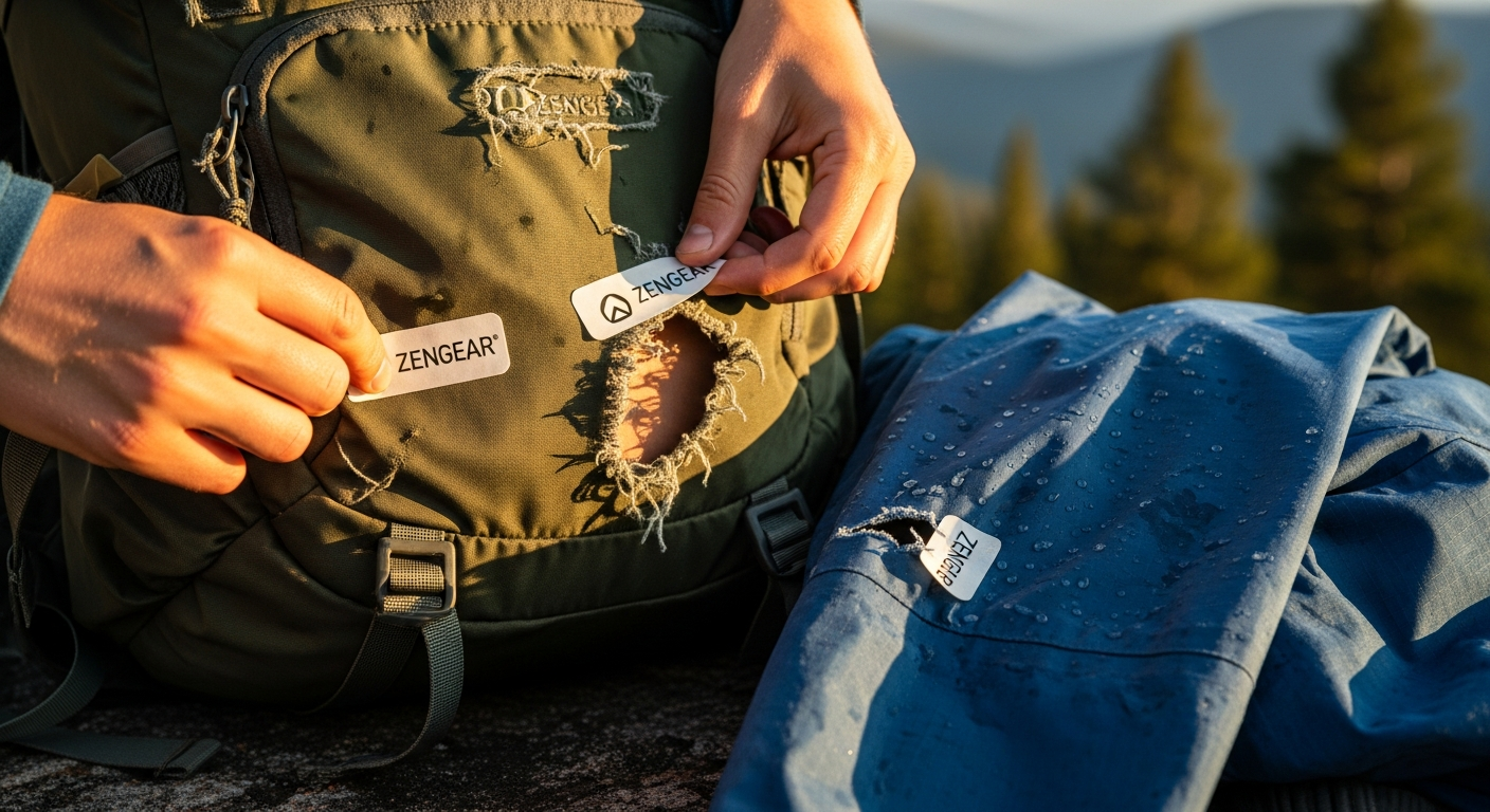 aZengear waterproof self-adhesive repair patches displayed with outdoor gear including tent, jacket, and air mattress