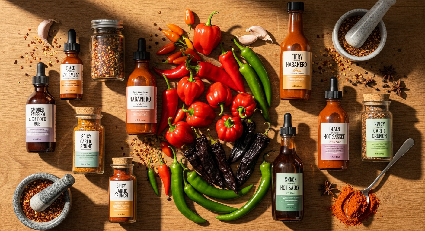 Colorful chili sauce bottles and spicy snacks arranged in premium collection display