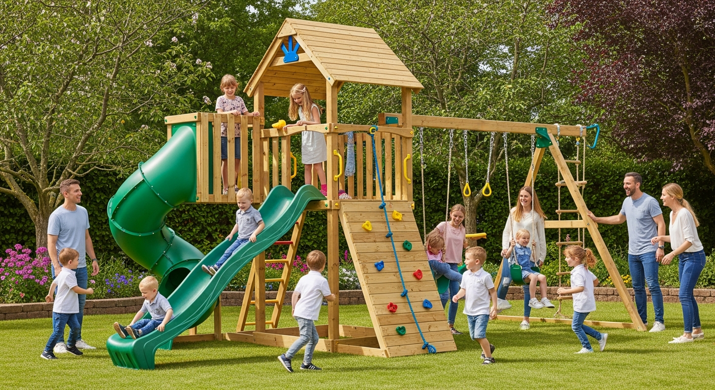 Fatmoose CrazyCoconut Club XXL wooden play tower with slide, swings, climbing ladder and sandpit in garden setting