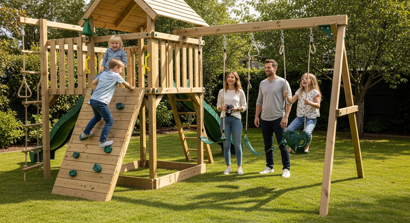 MightyMansion Move XXL climbing frame with dual swings, wavy slide, tower playhouse, and integrated sandpit in residential backyard setting