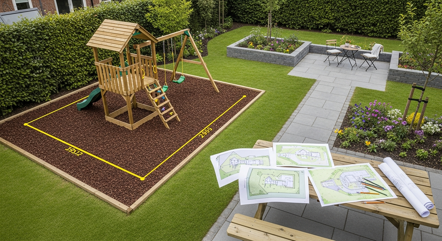 Fatmoose CrazyCoconut Club XXL playset installed in a spacious garden with safety zones marked and supervision sightlines visible