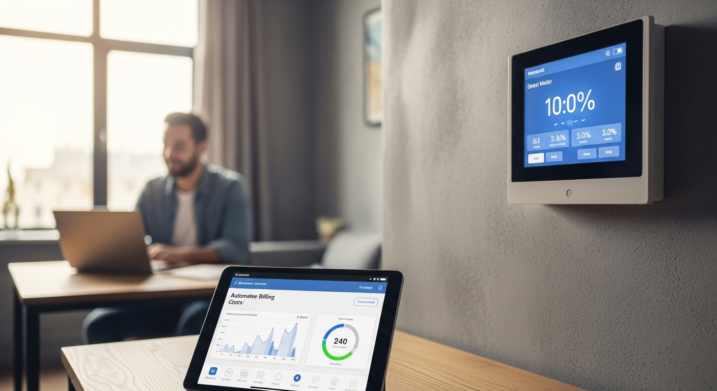 hellohousing digitale Immobilienverwaltung software dashboard showing smart meter integration and automated billing interface