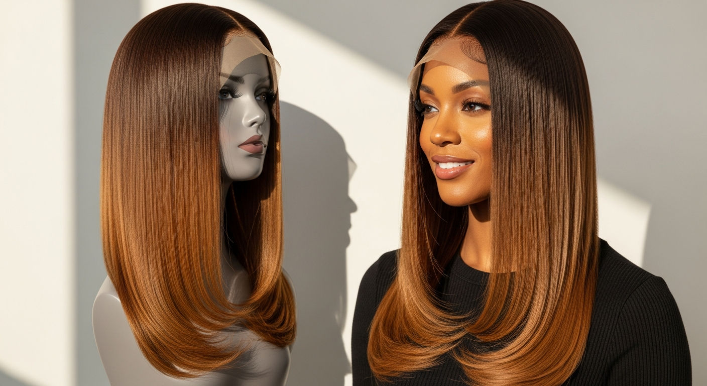 Klaiyi Ombre Chestnut Brown Yaki Straight Glueless Wig displayed on mannequin head showing natural hairline