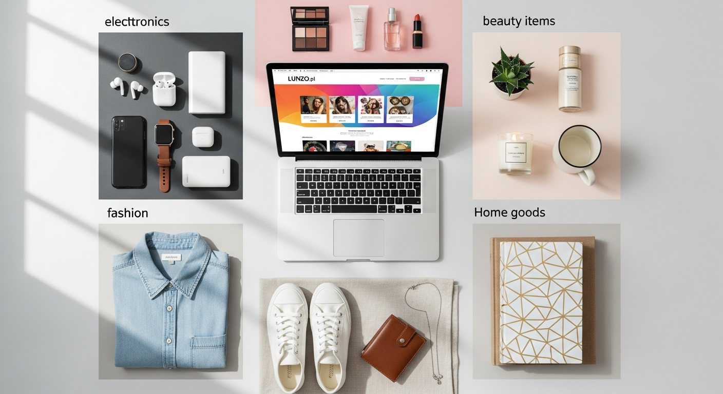 Lunzo.pl shopping platform interface showing diverse product categories and navigation features