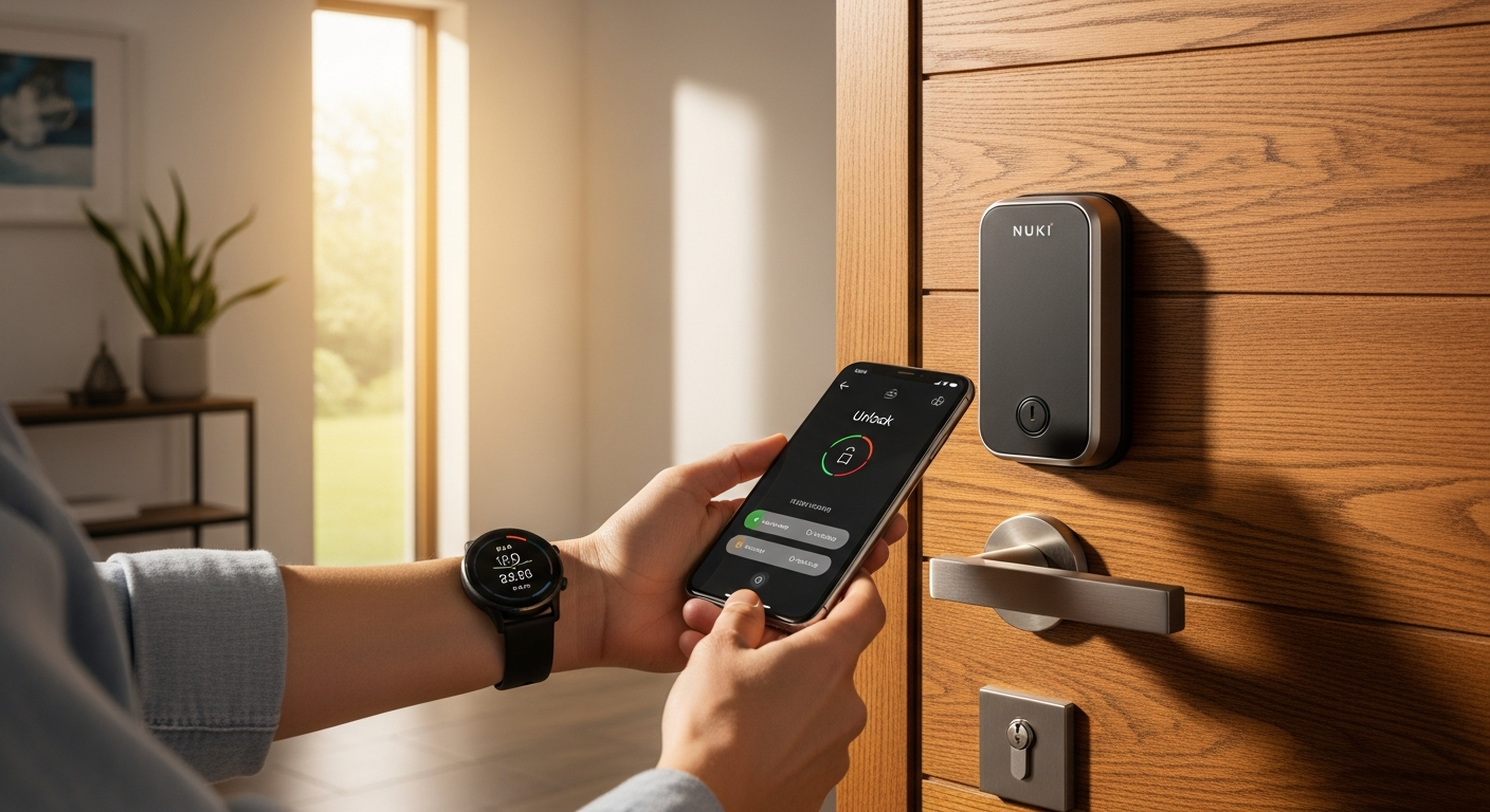 Nuki Smart Lock Pro 5th generation mounted on modern home entrance door