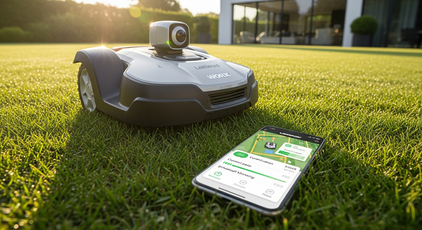 WORX Landroid Vision Cloud WR303E robotic mower on green lawn with automatic mapping technology