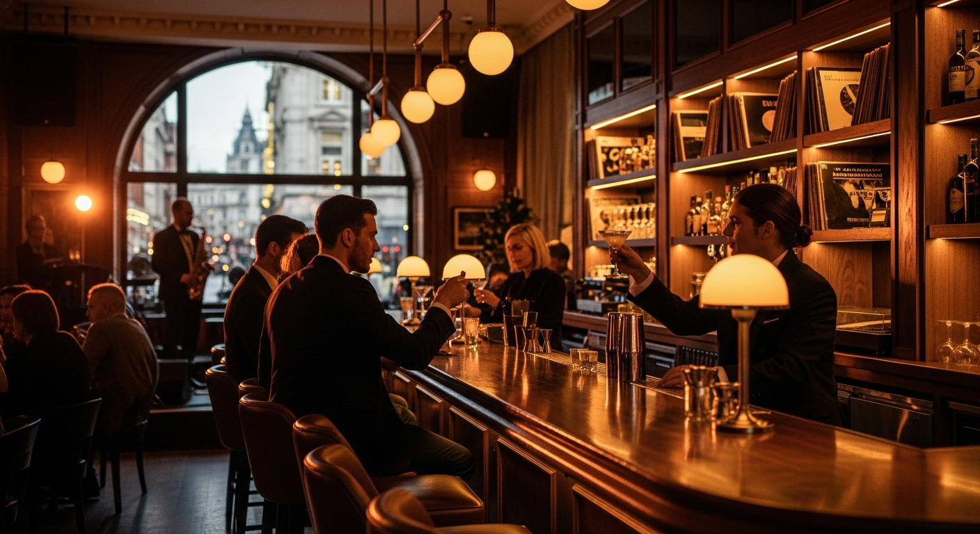 Elegant 1930s speakeasy interior with live jazz band performing on stage