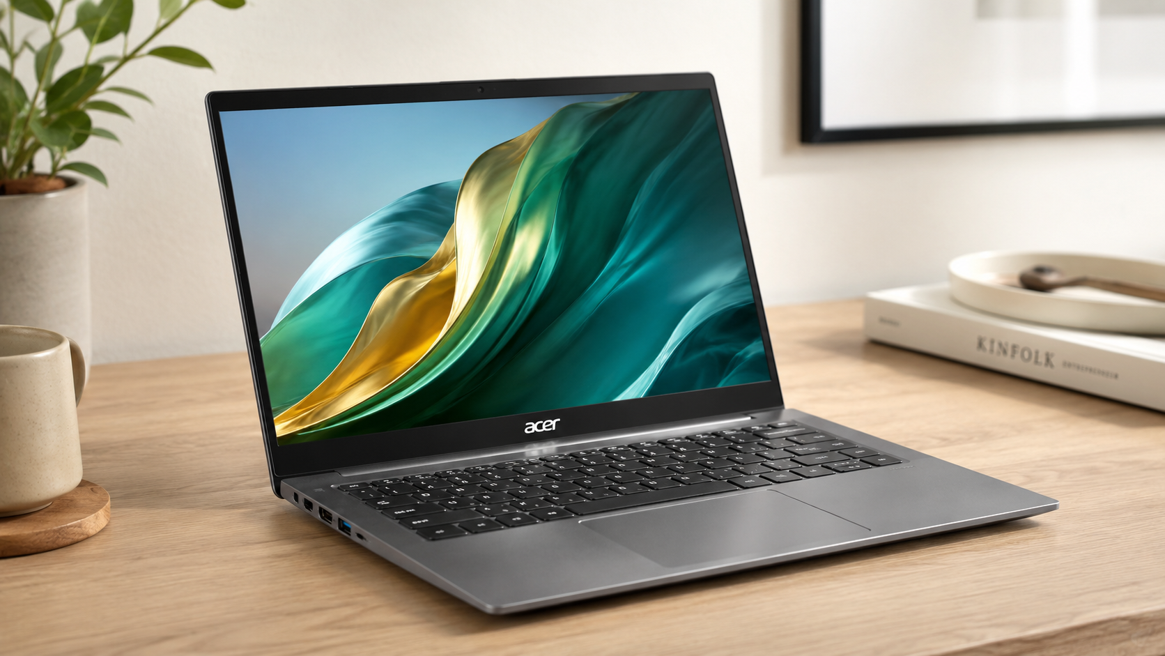 Acer Swift 3 laptop on a wooden desk in a modern home office, featuring a slim aluminum design, full HD display, and minimalist workspace setup with natural lighting.