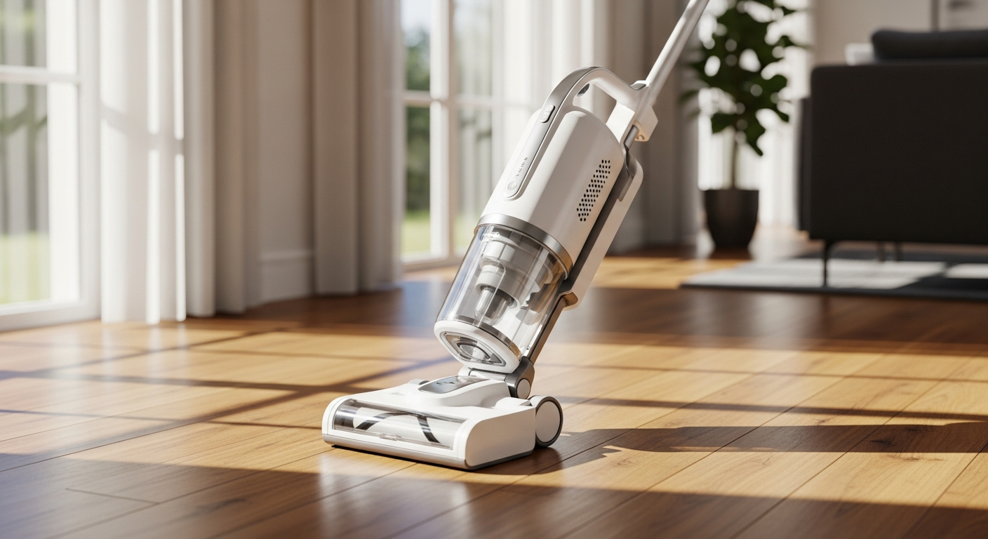 AirCraft PowerGlide Cordless Hard Floor Cleaner with twin rotating pads on polished hardwood floor