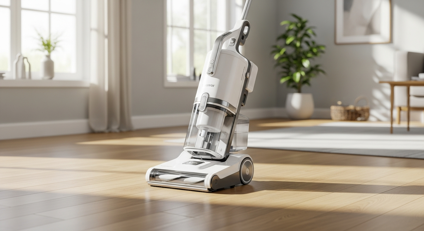 AirCraft PowerGlide cordless hard floor cleaner with LED headlights on laminate