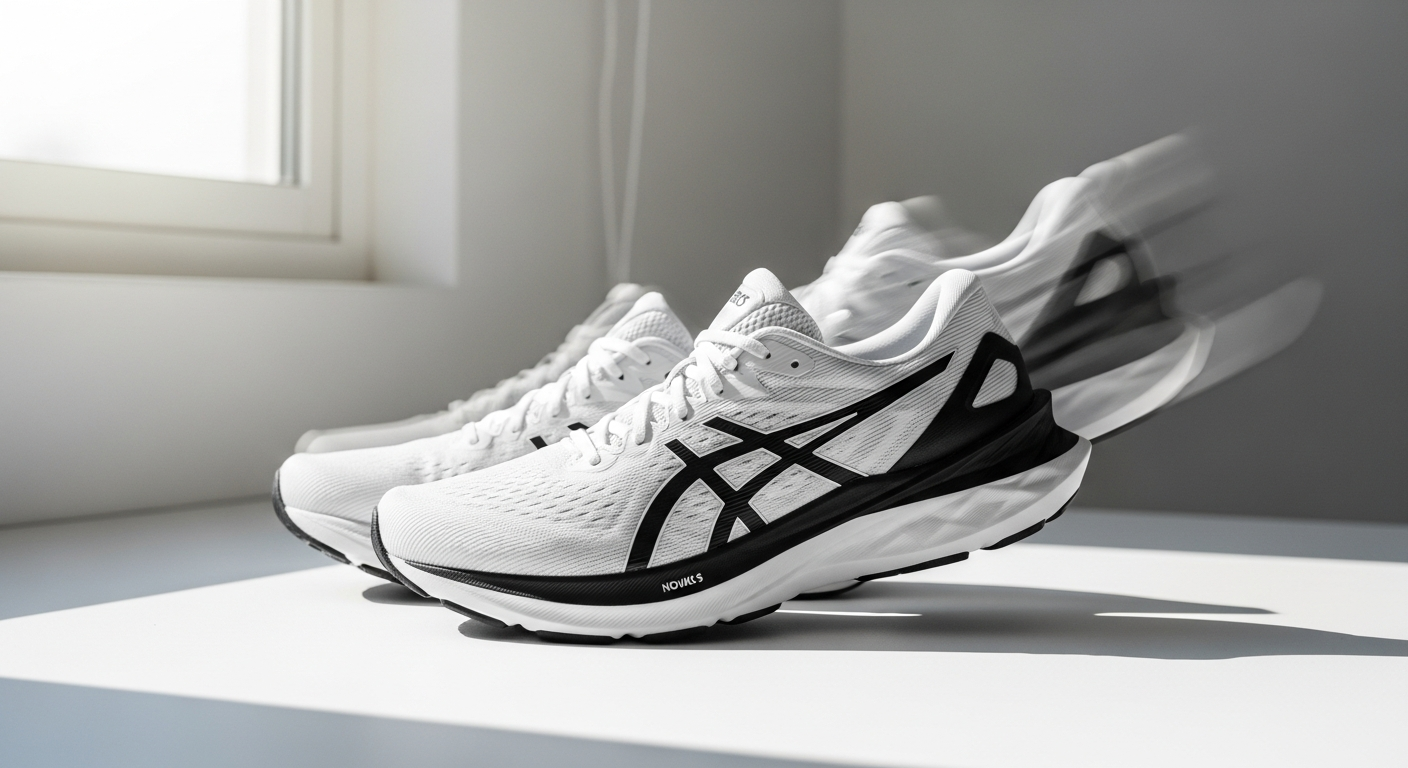 Asics Novablast 5 running shoes displayed on white background showing responsive cushioning design