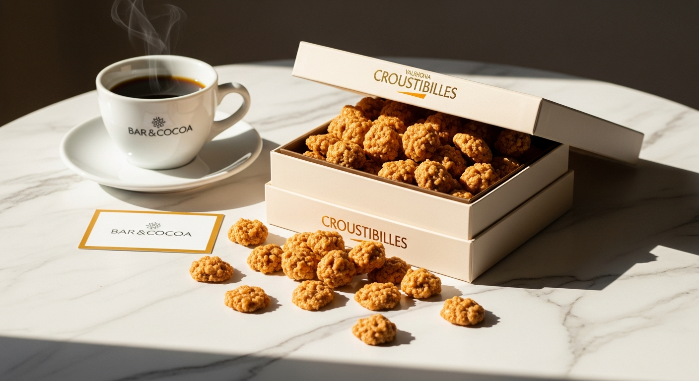 Valrhona Paris Croustibilles chocolate gift box with dark and milk chocolate pieces displayed