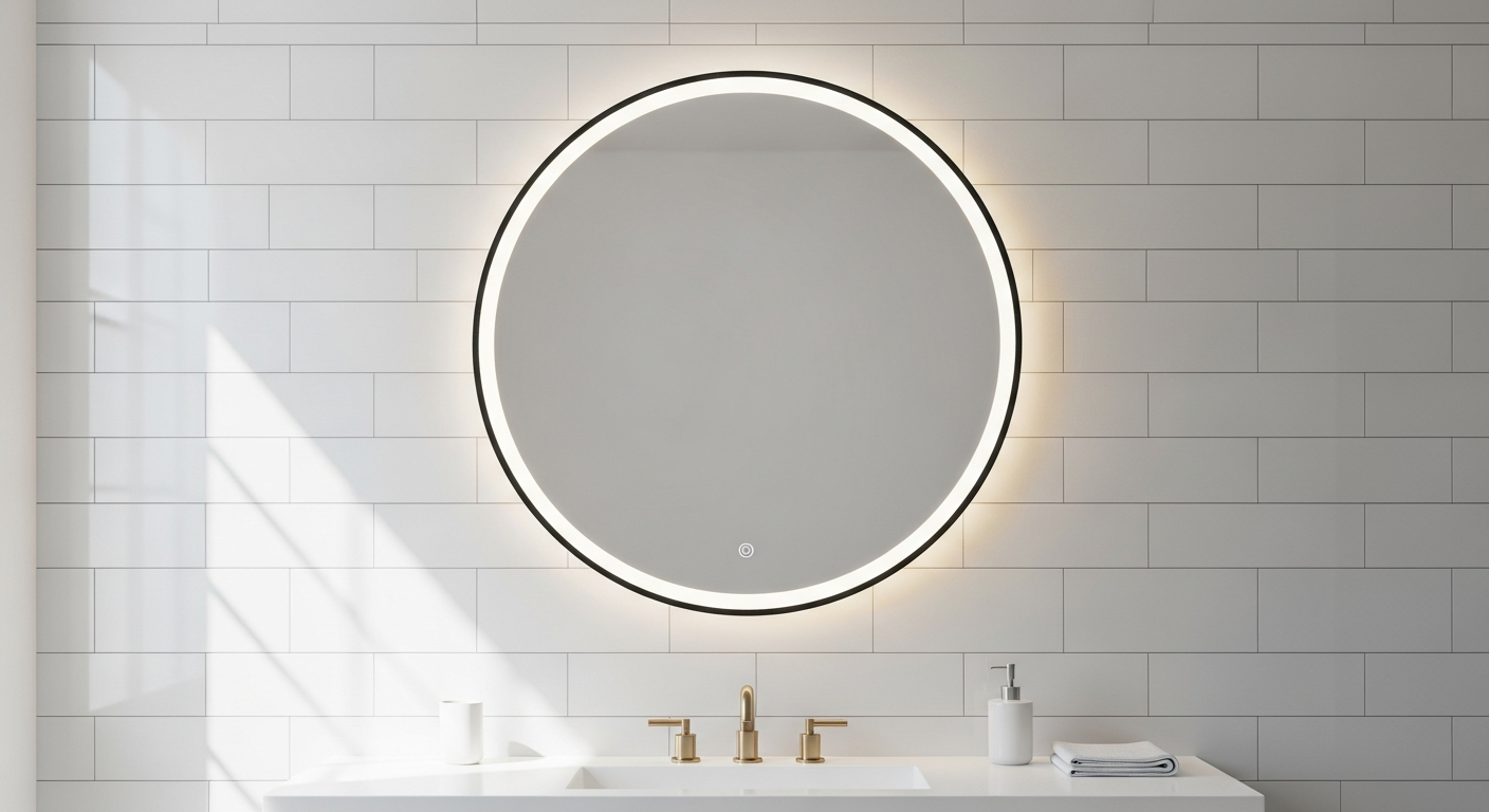 Black round LED bathroom mirror with anti-fog technology mounted on bathroom wall