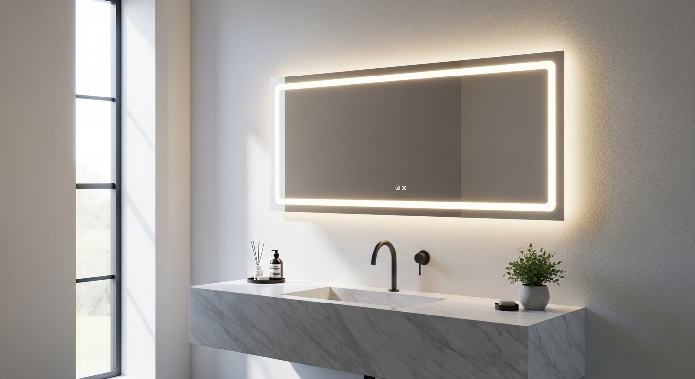 Modern LED illuminated bathroom mirror with touch controls and anti-fog technology in contemporary bathroom