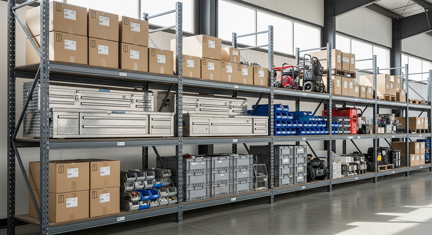 BiGDUG heavy-duty industrial shelving unit with blue finish in warehouse storage setting