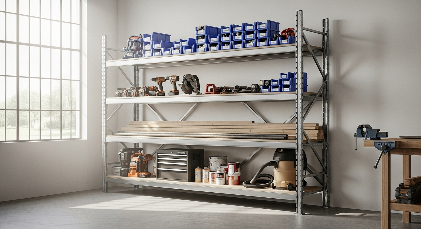 BiGDUG Essentials 265kg Industrial Shelving Unit in blue powder-coated steel with adjustable MDF shelves in a professional workshop setting