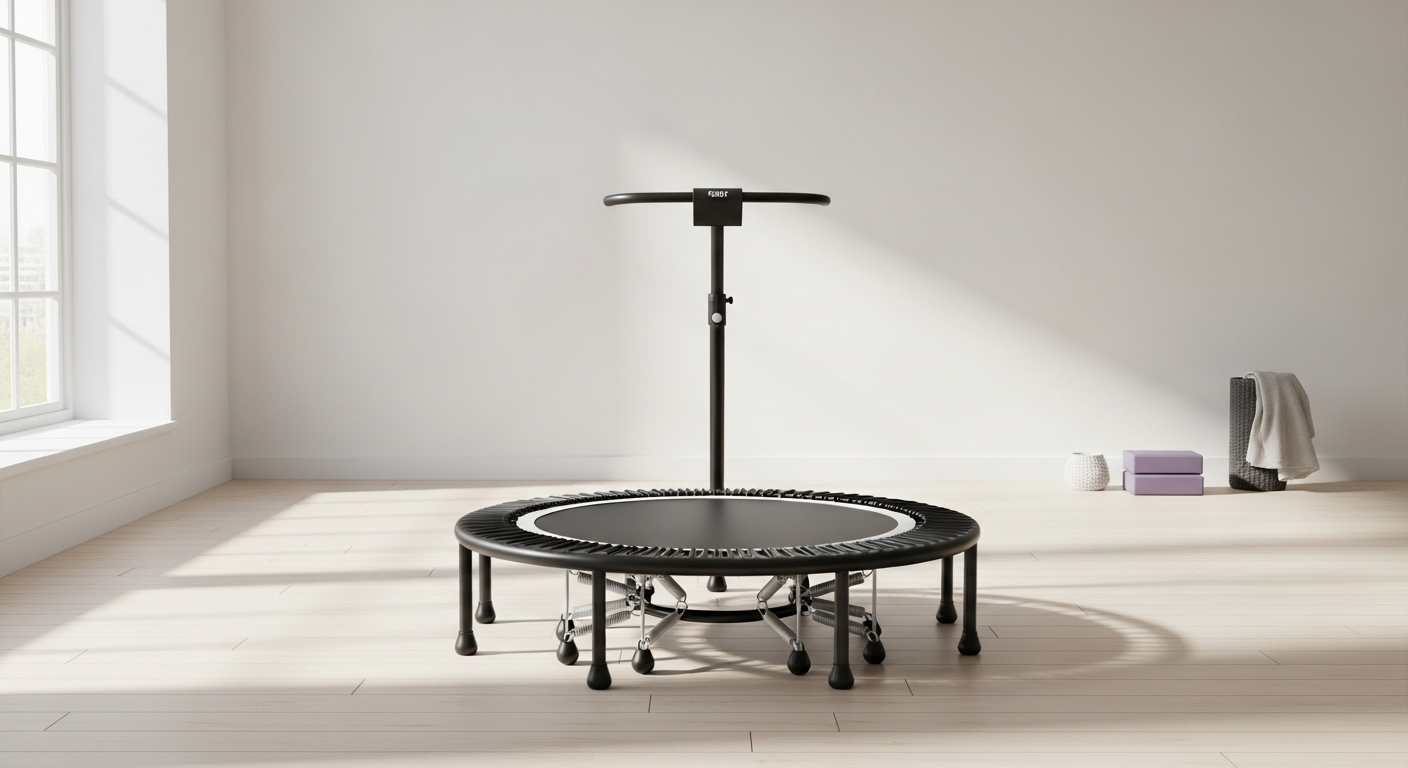 Boogie Bounce Elite Rebounder with silent bungee cords and T-bar handle for home fitness