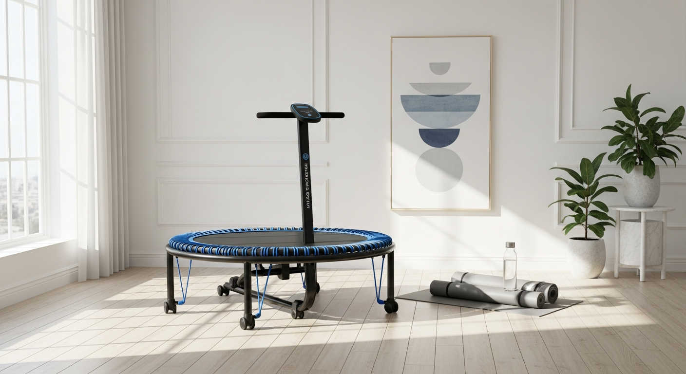 Boogie Bounce Elite Rebounder Trampoline Bundle displayed in a modern apartment living room