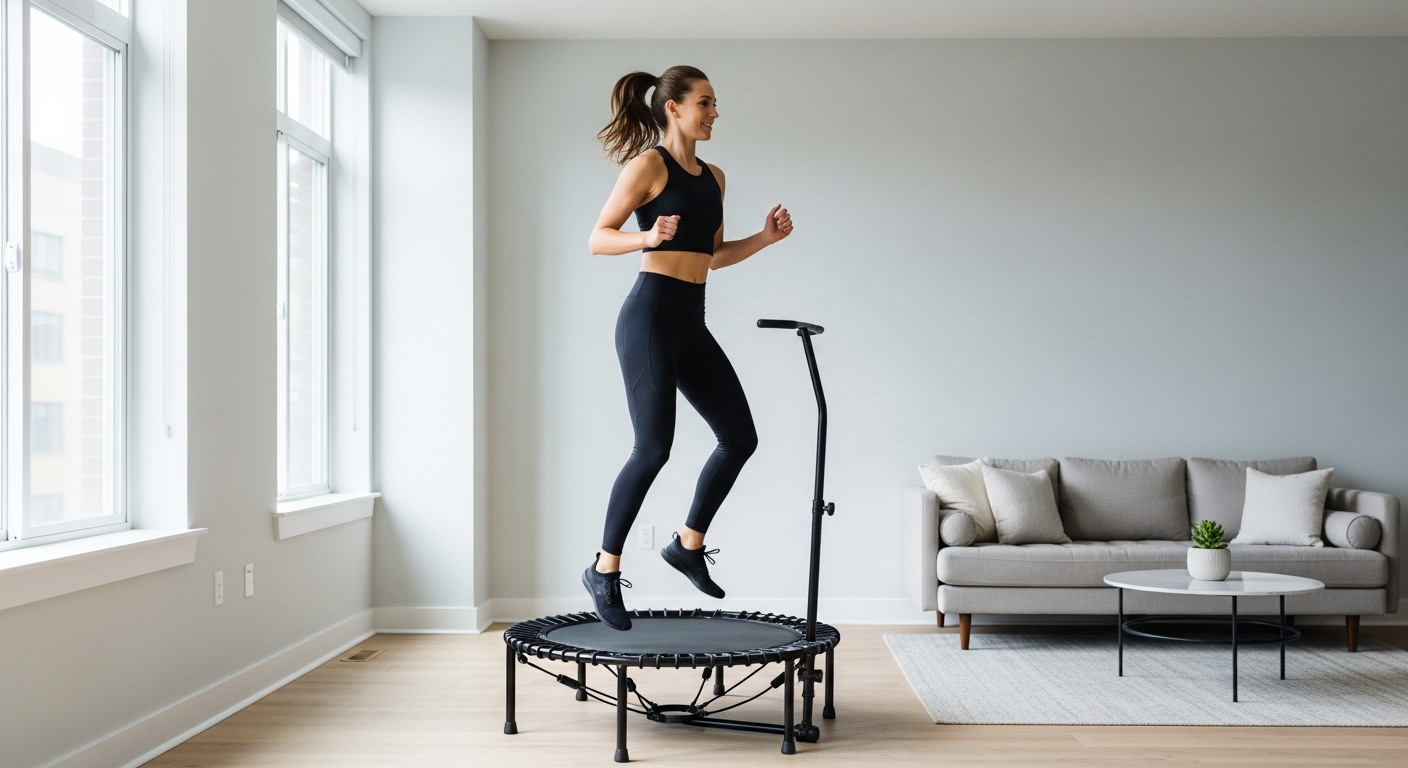 Boogie Bounce Elite Rebounder with bungee cord system in modern apartment living room