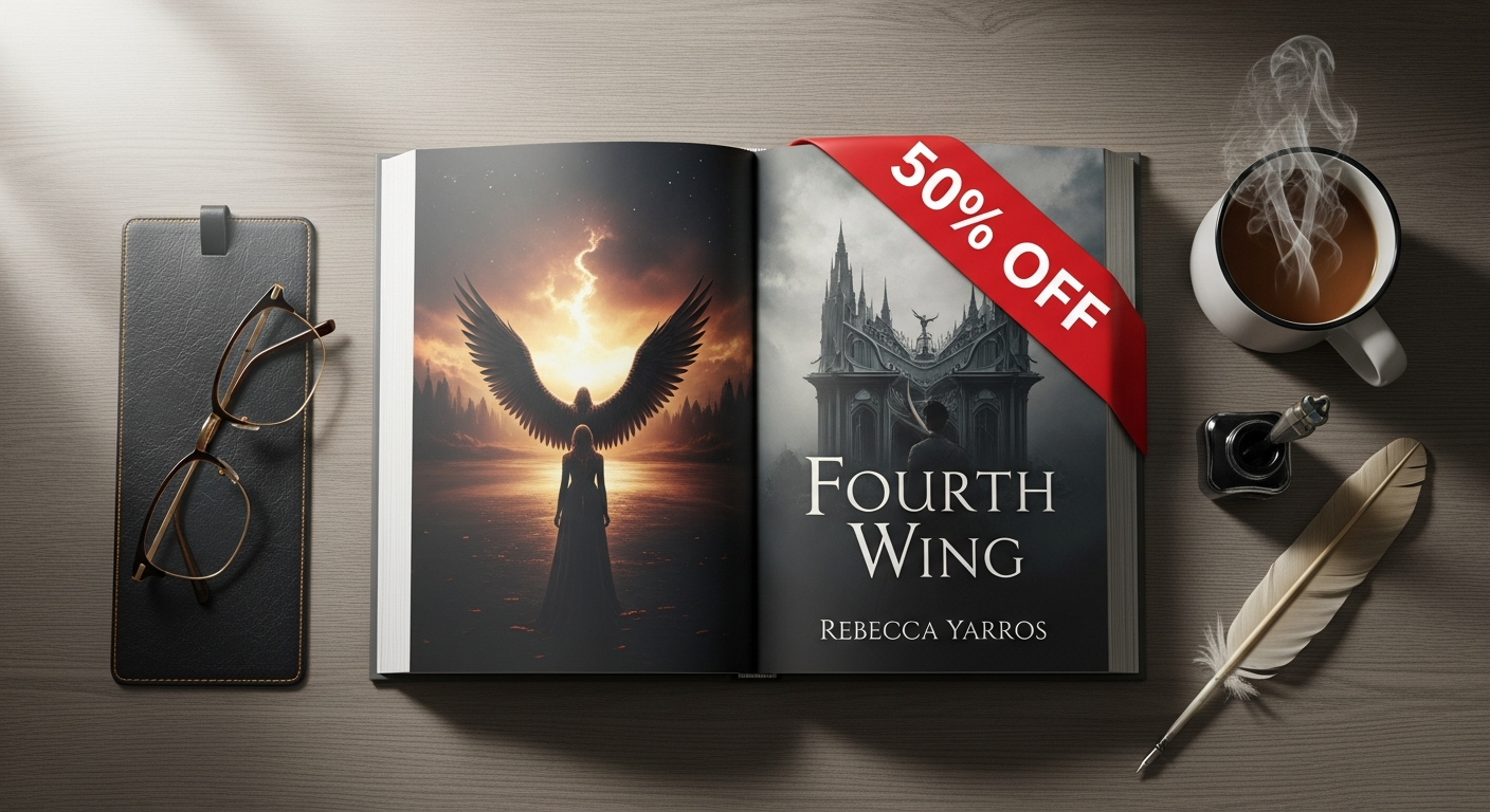 Fourth Wing book cover by Rebecca Yarros displayed with discount price tag