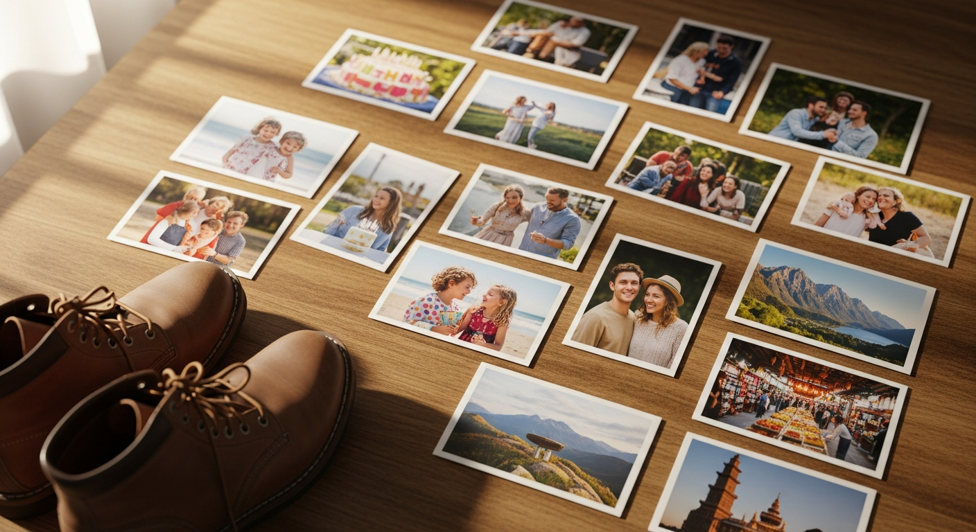Digital photo prints displayed in various sizes and finishes on wooden surface