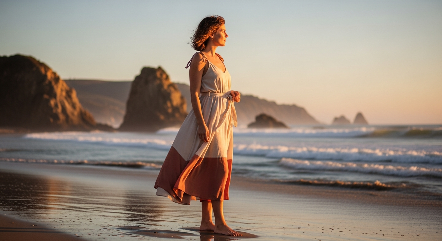 Brakeburn Women's Coastal Midi Dress featuring hand-drawn print design in natural fabrics