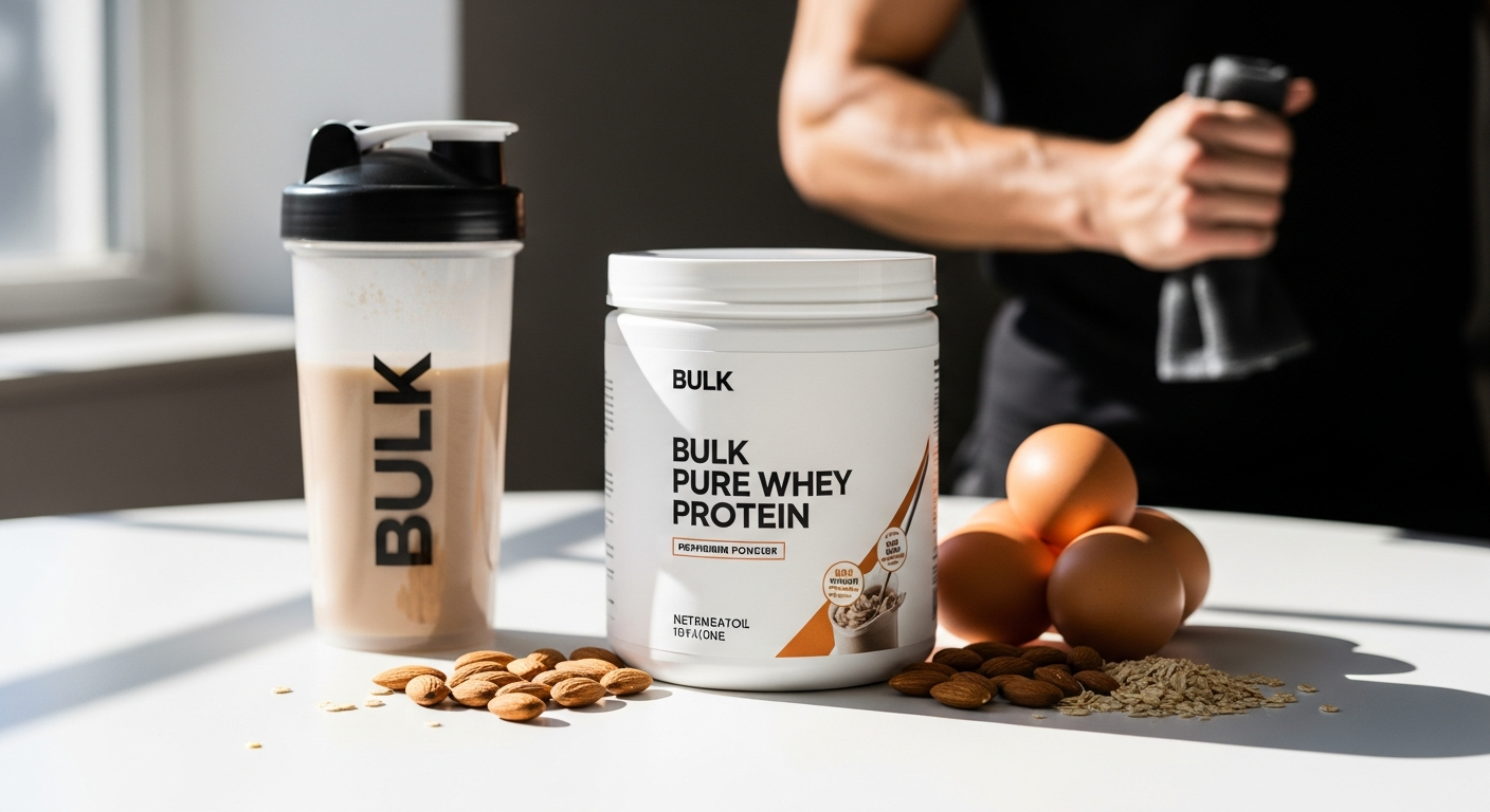 Bulk Pure Whey Protein powder container with scoop and shaker bottle