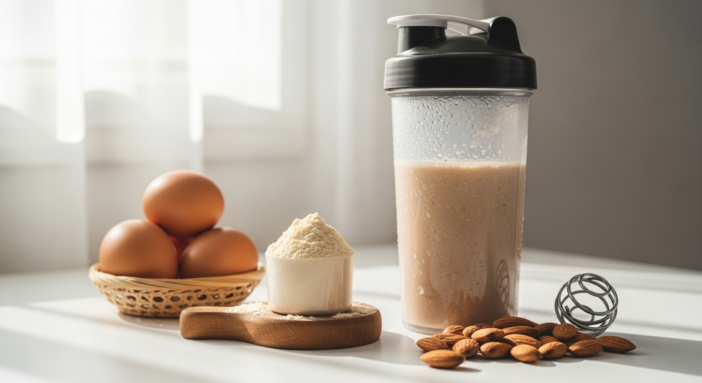 Bulk Pure Whey Protein Powder container with vanilla flavor and fitness equipment