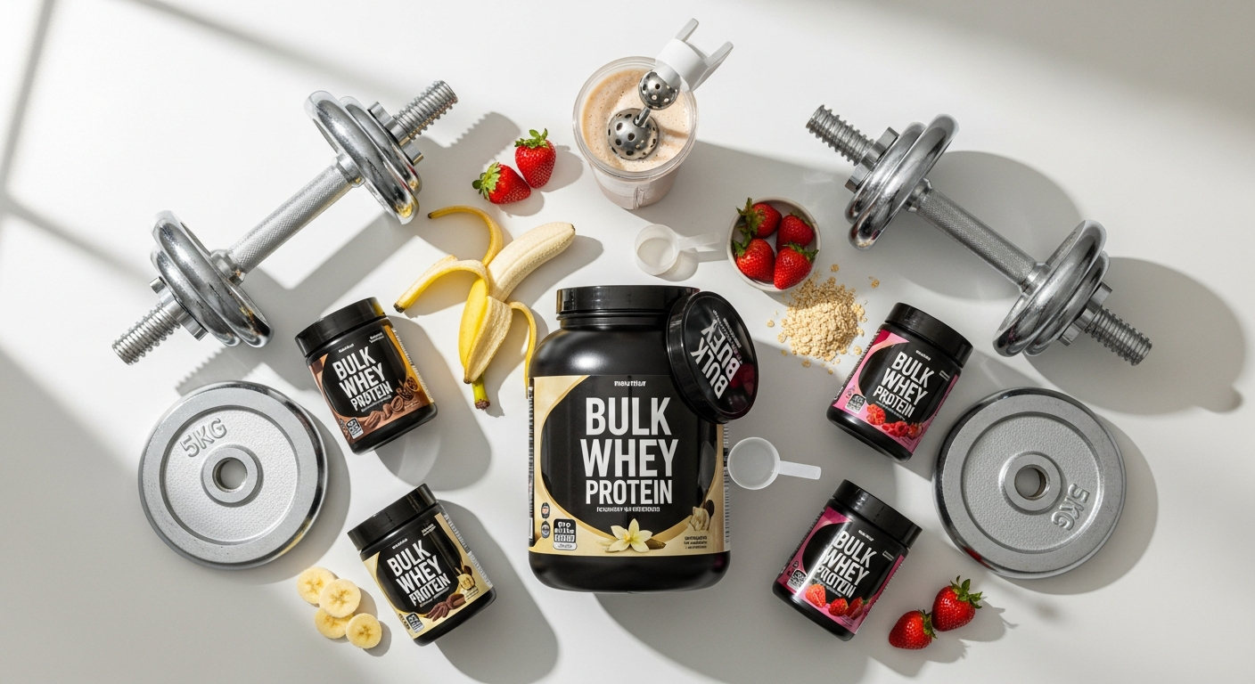 Bulk Pure Whey Protein Powder scoop in shaker bottle with white powder