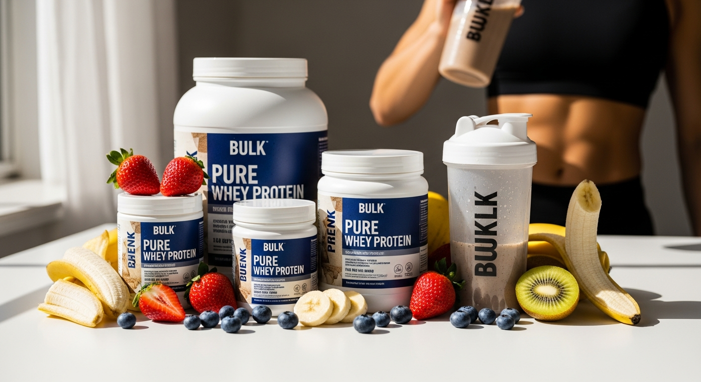 Bulk Pure Whey Protein Powder containers in vanilla, chocolate, and strawberry flavors displayed together